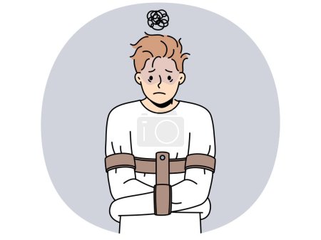 Illustration for Stressed man in straitjacket suffer from mental problems. Unhappy guy struggle from psychological issues in psychiatric hospital. Vector illustration. - Royalty Free Image
