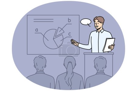 Illustration for Confident male coach make business presentation for audience at conference. Smiling businessman present diagram or graph at seminar. Vector illustration. - Royalty Free Image