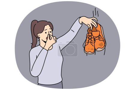 La mujer en las manos huele a zapatos sucios repugnantes. Niña asqueada cubrir la nariz repelido con calzado maloliente. Ilustración vectorial.