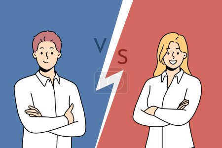 Illustration for Successful business colleagues stand with arms crossed, wanting to compete in professional skills or productivity. Man vs woman in business race for position of manager on board of directors - Royalty Free Image