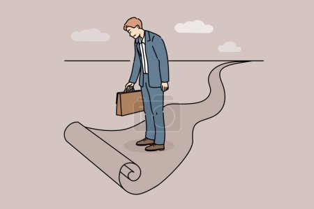 Business man standing at end of path, as metaphor for limitations in career growth and dead end in professional development. Businessman stands confused on ending path and needs career advice