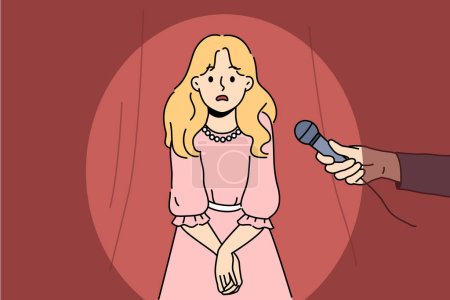 Illustration for Little girl is afraid to speak in front of public and feels embarrassed standing on stage near hands with microphone. Afraid of public speaking and lack of oratory skills fetters female teenager - Royalty Free Image