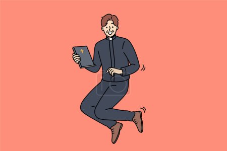 Illustration for Joyful catholic priest jumps up with bible in hands, inviting you to temple for sunday worship. Happy priest man in religious clothes holding book with christian cross and looking at screen smiling - Royalty Free Image