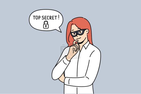Illustration for Woman corporate spy with mask on face is thinking about how to steal sensitive information with top secret status. Corporate spy girl infiltrated company to find out commercial data. - Royalty Free Image