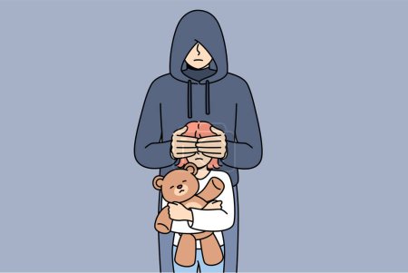 Illustration for Maniac closes eyes of little girl with children toy, for public service announcement against pedophilia and child abduction. Criminal and hooded maniac wants to commit violent acts. - Royalty Free Image