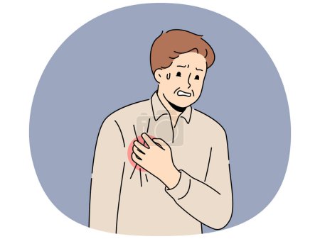 Illustration for Unwell man touch chest suffer from heart attack. Sick male struggle with cardiovascular disease or myocardial infarct. Healthcare and cardiology. Vector illustration. - Royalty Free Image