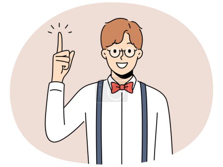 Smiling man in glasses point finger up make decision. Happy male in eyewear develop creative idea, brainstorm get bright answer. Vector illustration.