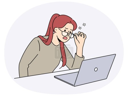 Stunned woman take off glasses look at laptop screen socked with unexpected mail or message. Unhappy woman work on computer surprised with unbelievable news. Vector illustration.