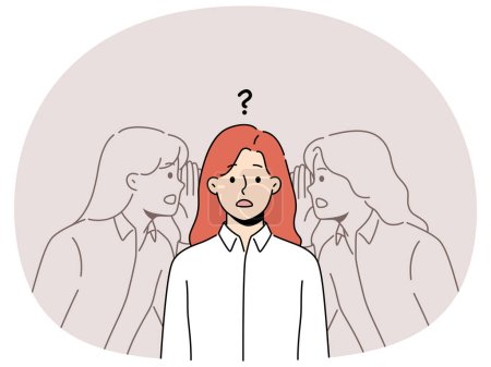 Confused woman listen to inner voice. Frustrated female hear other personalities doubt about decision making. Vector illustration.