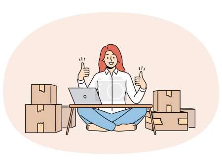 Smiling woman sit at home with computer show thumb up selling products on internet. Happy successful female entrepreneur excited with online sales. Vector illustration.