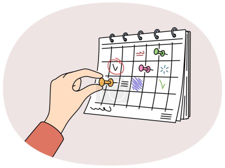 Persona mano adjuntar pin en el calendario que cuelga en la pared. Los empresarios hacen planes según el horario del mes. Concepto de gestión del tiempo. Ilustración vectorial.