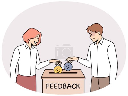 Ilustración de El hombre y la mujer que lanzan emojis en la caja dan retroalimentación positiva o negativa para el servicio. A la gente le gusta o no le gusta el servicio. Ilustración vectorial. - Imagen libre de derechos