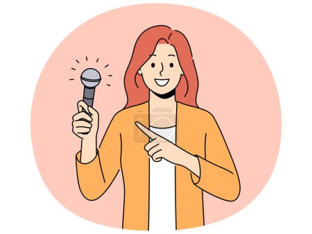Illustration for Smiling woman point at microphone holding in hands. Happy female singer or performer demonstrate mic in hands. Hobby and entertainment. Vector illustration. - Royalty Free Image
