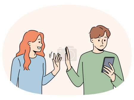 Illustration for Man reject smiling loving woman showing attention. Busy guy using cellphone avoid and ignore persistent female show interest. Relationship problem. Vector illustration. - Royalty Free Image