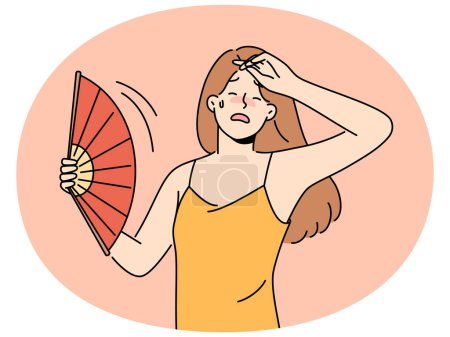 Mujer poco saludable con ventilador de mano sufren de golpe de calor durante el clima caliente. Mala chica con waver lucha con el sudor de la estación caliente y derretir. Ilustración vectorial.