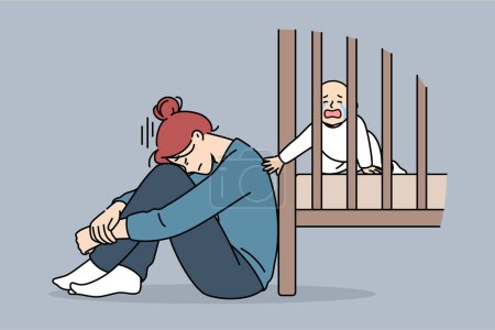 Illustration for Exhausted mother with postpartum stress sits on floor near crib with crying newborn, and needs help of professional nanny. Postpartum stress in girl who does not pay attention to son - Royalty Free Image