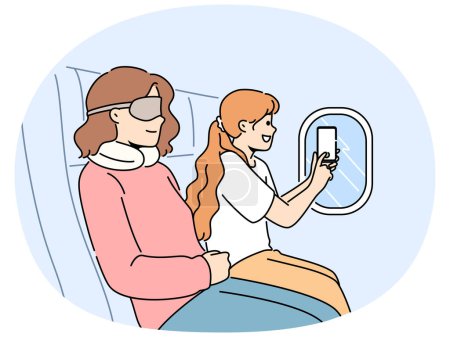 Smiling girl make picture on cellphone from plane window. Happy child photograph clouds in airplane illuminator. Vector illustration.
