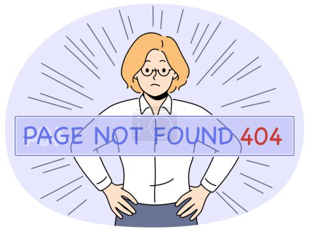 Beunruhigte Geschäftsfrau sehen Seite nicht gefunden Problem. Unzufriedene Mitarbeiterinnen erhalten während der Arbeit 404 Fehlermeldungen. Vektorillustration.