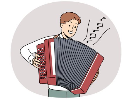 Un hombre sonriente tocando el acordeón. Feliz macho tocar música en el instrumento musical tradicional. Entretenimiento y hobby. Ilustración vectorial.