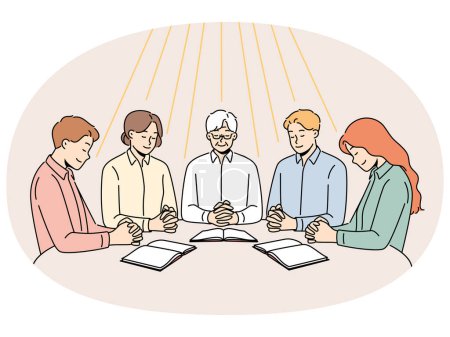 Illustration for Group of diverse people sit at table praying together. Men and women engaged in prayer ask god for fate and fortune. Faith and religion. Vector illustration. - Royalty Free Image
