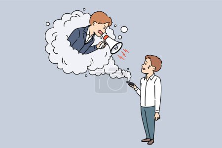 Angry manager scolds helpless subordinate while leaning out of mobile phone with megaphone in hands. Manager violates subordination by raising voice to subordinate to obtain high business results.