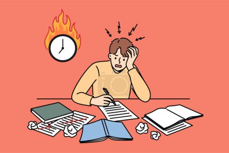 Photo for Excited man student is writing thesis and panicking because of deadline, sitting at table near burning clock. Guy student needs help filling out application or test for admission to university. - Royalty Free Image