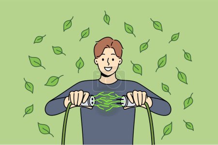 Illustration for Man uses green energy obtained from environmentally friendly or alternative sources and connects two wires. Guy rejoices at receiving regenerative green energy to reduce co2 emissions - Royalty Free Image