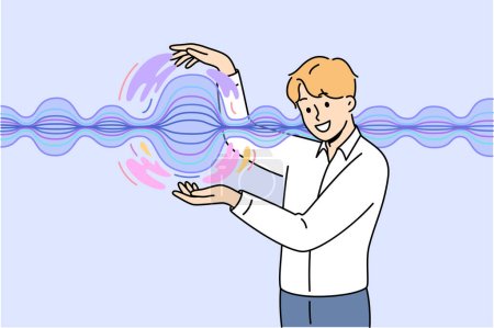 Man stands near energy wave, demonstrating results scientific experiments on physical phenomena. Business guy touches energy wave that allows you to quickly transmit commercially important information