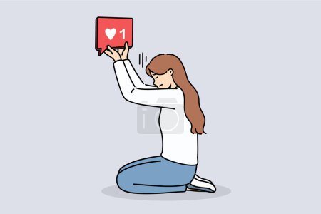 Illustration for Woman blogger holds like icon, kneeling and dreaming of receiving lot of feedback from subscribers on social networks. Girl blogger suffering digital addiction needs constant approval followers - Royalty Free Image