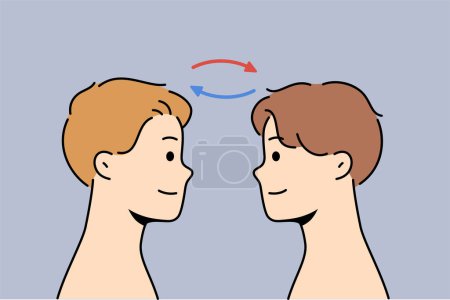 Telepathic exchange between two men, for concept of mind reading at distance and mental synchronization. Guys with telepathic skills thanks to supernatural abilities look at each other