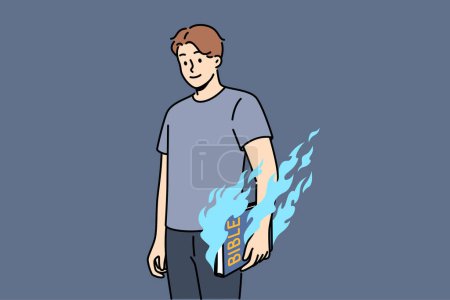 Illustration for Man holds bible and feels magical energy emanating from religious book with old testament or prayers. Burning bible in hands of guy who wants to destroy symbol of catholicism or christianity - Royalty Free Image