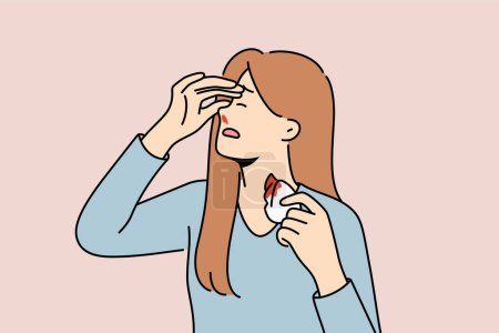 Les saignements de nez de femme sont causés par une pression artérielle élevée ou des tempêtes magnétiques qui affectent la santé. Fille avec mouchoir et saignement de nez est devenue victime de violence domestique et de coups de mari