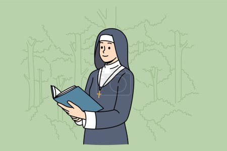 Illustration for Woman nun with holy book stands in park among trees, dressed in cassock for religious service in temple. Nun studies sacred scriptures and prayers during breaks between prayer services in cathedral - Royalty Free Image