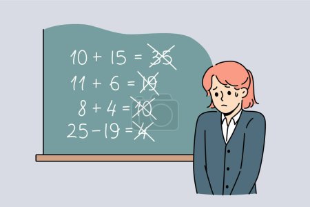 Upset schoolgirl stands near blackboard, sad because of mistakes in solving mathematical examples. Schoolgirl does not have necessary knowledge due to poor curriculum or low-quality education system