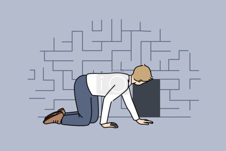 Der Mensch auf der Suche nach dem Ausgang aus dem Labyrinth, kriechend auf dem Boden neben der Miniaturtür, als Metapher für schwierige Lebenssituationen. Guy sucht nach Auswegen aus dem Labyrinth und braucht Hinweise oder Hilfe.