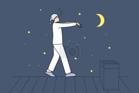 Illustration for Sleepwalking man walks on roof of house at night, walking in unconscious state due to disease somnambulism. Sleepwalking guy in funny pajamas and cap risks falling from height and getting injured - Royalty Free Image