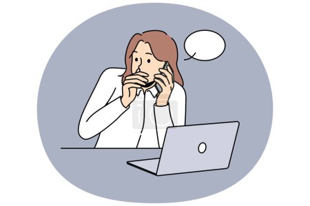 Female employee sit at desk work on laptop leak company information to rival. Businesswoman share confidential data to competitor on phone. Vector illustration.