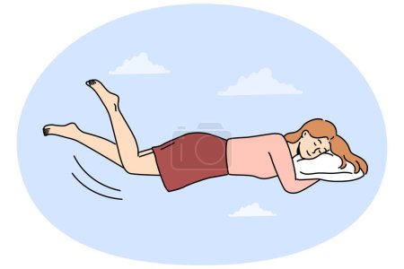 Happy woman lying on pillow levitate in air enjoy dreaming or relaxing. Calm girl sleep see dreams. Relaxation and fatigue. Vector illustration.