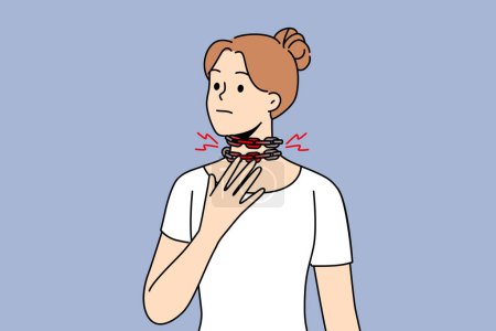 Suffocation in girl with chain around neck, in need of treatment for illness caused by malfunction of heart or lungs. Woman suffers from suffocation squeezing throat and blocking access of oxygen