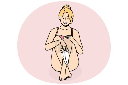 Smiling woman in underwear touching legs with soft feather. Happy girl with feather. Epilation and hair removal. Vector illustration.