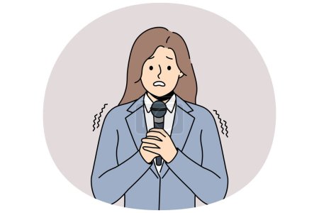 Anxious woman in suit scared talking on microphone on meeting or seminar. Worried female speaker with mic in hands feel terrified giving speech in public. Vector illustration.