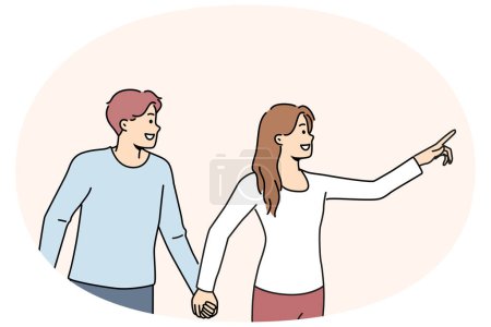 Smiling woman holding man by hand showing something forward. Happy couple holding hands point with finger on empty space aside. Vector illustration.
