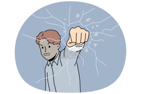 Angry man break glass with fist. Furious male employee punch with hand crash glass. Problem and emotion control. Vector illustration.
