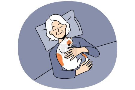 Téléchargez les photos : Femme âgée souriante couchée au lit avec chat dormant sur la poitrine. Bonne grand-mère mature dormir à la maison câlins étreignant animal de compagnie. Illustration vectorielle. - en image libre de droit
