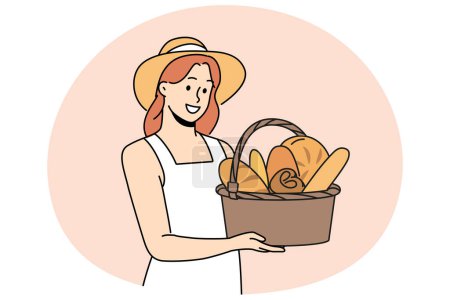 Téléchargez les photos : Femme souriante en chapeau de paille tenant panier avec du pain. Bonne fille tenant de la pâtisserie fraîche dans les mains. Boulangerie et concept de boulangerie. Illustration vectorielle. - en image libre de droit