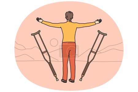 Illustration for Disabled man let go of crutches face sunset enjoy recovery. Back view of recovered handicapped male enjoy dusk in nature. Hope and miracle concept. Vector illustration. - Royalty Free Image