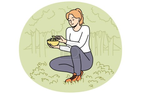 Téléchargez les photos : Femme ramassant des feuilles dans la forêt. Heureuse femelle cueillette des plantes dans le bois, mettre des feuilles dans le panier. Illustration vectorielle. - en image libre de droit