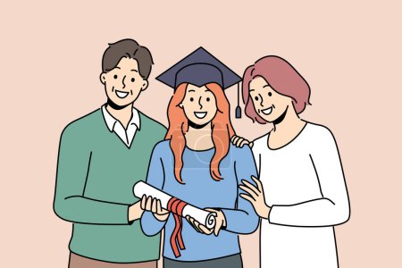 Girl graduate in student hat holds certificate of higher education, standing with parents. Woman graduate of university or college rejoices at receiving diploma of academic degree.