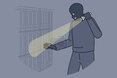 Spy steals documents and confidential data from office using flashlight and wearing mask to hide face from cameras. Spy breaks law to obtain insider information from corporations books.