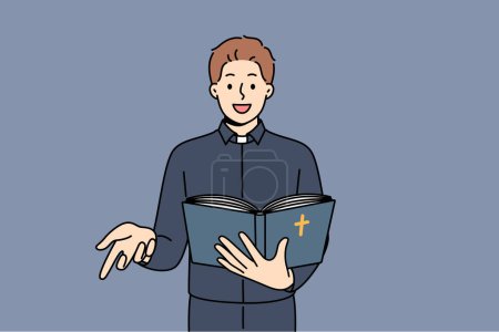 Man priest reads bible and gestures calling on people to accept christian or catholic religion. Positive guy in priest clothes studying sermons and holy scriptures from gospel for work in church
